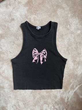Garage Black Ribbed Tank Top with Pink Bow Graphic